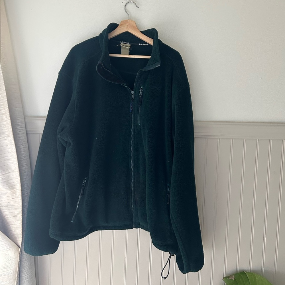 Vintage L.L. Bean Dark Green Fleece Jacket Full Zip Chest Pocket XXL